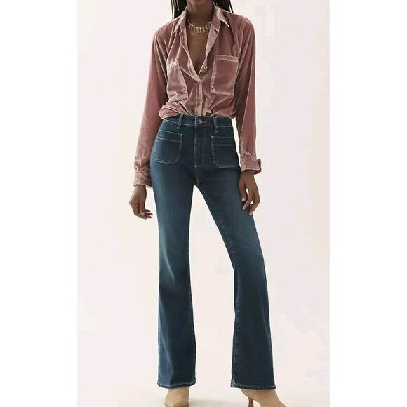 Pilcro Jeans 25 The Icon Flare Kick‎ Dark Wash Patch Pocket Bohemian Festival - Picture 1 of 14